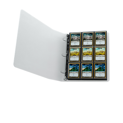 Gamegenic Prime Ring-Binder in white, open to showcase trading cards neatly organized in protective sleeves.