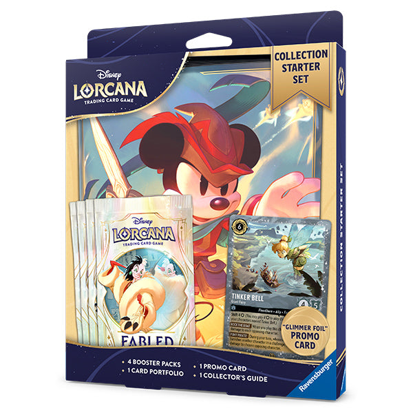 Disney Lorcana Fabled Collection Starter Set featuring booster packs, a card portfolio, and a Tinker Bell promo card.