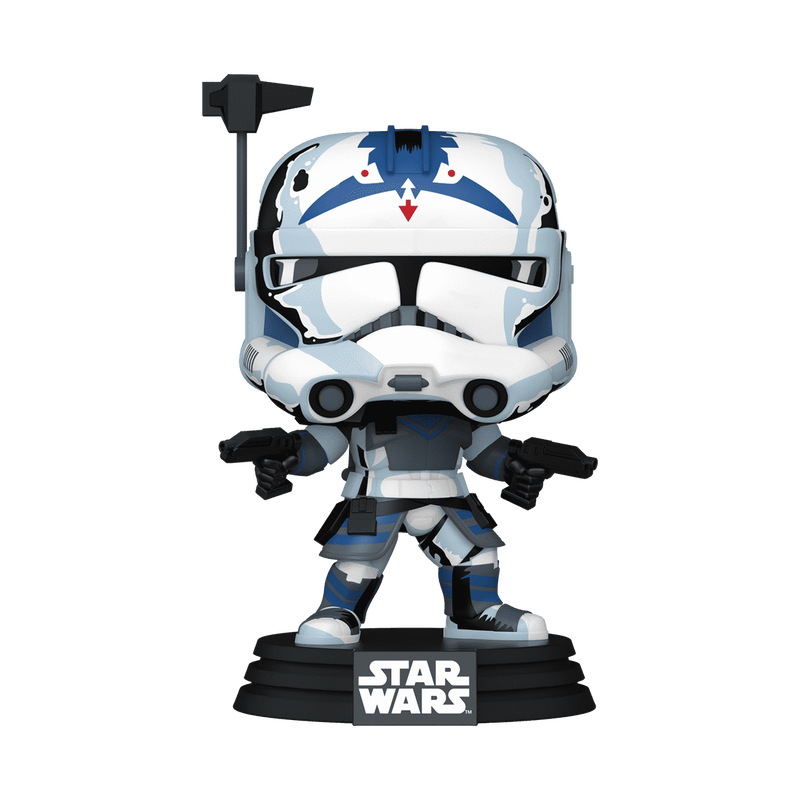 Funko Pop! figure of Clone Trooper Fives from Star Wars, featuring a blue and white helmet and blasters.