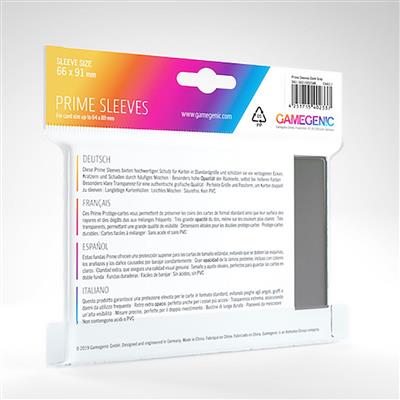 Gamegenic PRIME Sleeves in gray, designed for cards measuring 66 x 91 mm, packaged for protection and durability.
