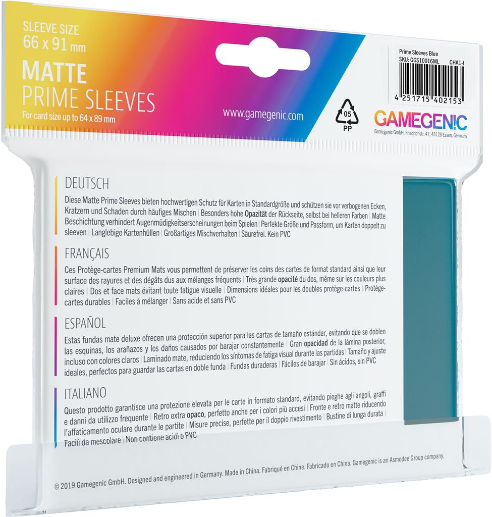 Gamegenic Matte Prime Sleeves in blue, designed for standard-sized cards, pack of 100, 66 x 91 mm in size.