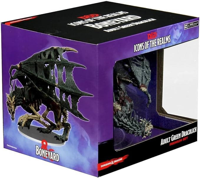 Dungeons & Dragons Icons of the Realms Premium Boneyard Green Dracolich boxed figure with detailed dragon design.