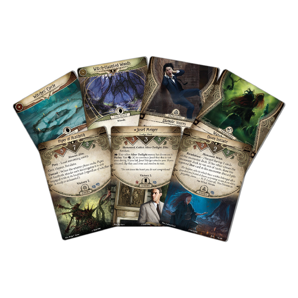Five cards from the Arkham Horror LCG The Circle Undone Campaign Expansion featuring locations, characters, and events.