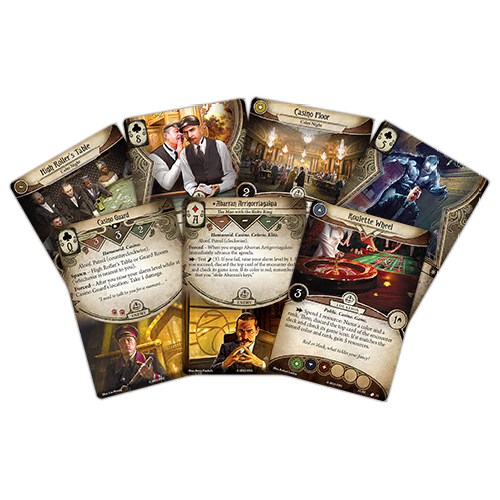Arkham Horror LCG Fortune and Folly Scenario Pack featuring four game cards with detailed artwork and descriptions.