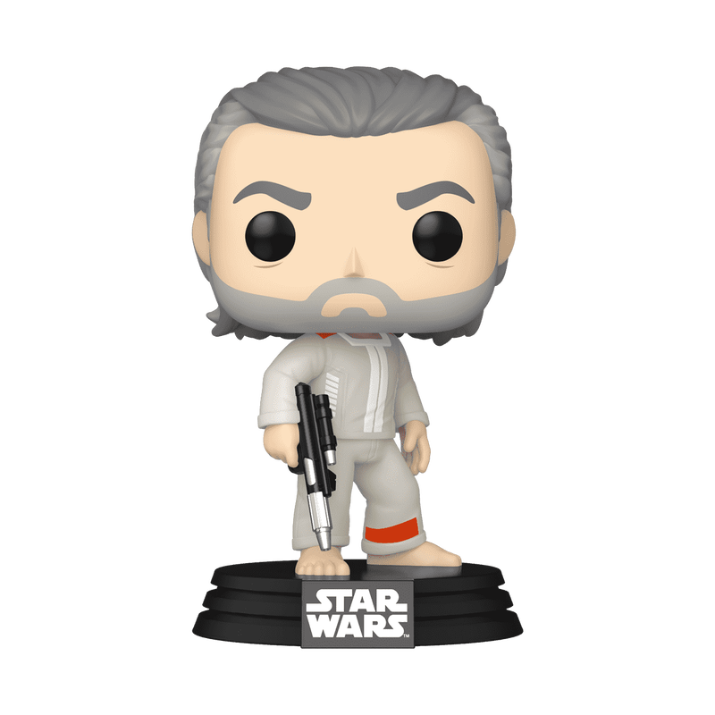 Funko Pop! figure of Kino Loy from Star Wars, featuring gray hair, a white outfit, and holding a blaster.