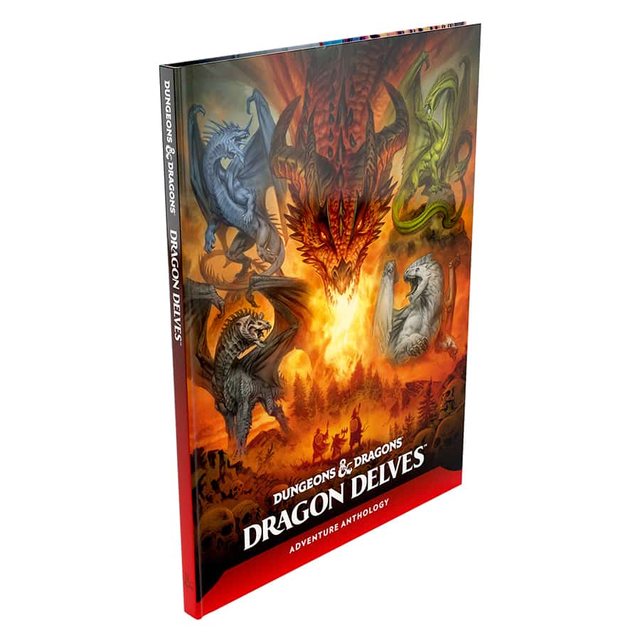Hardcover Dungeons & Dragons 5E RPG: Dragon Delves book featuring colorful dragon artwork and adventure anthology title.