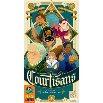 Colorful box art for the board game "Courtisans," featuring illustrated characters in a stylized, elegant design.