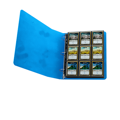 Blue Gamegenic Prime Ring-Binder open, showcasing trading cards organized in protective sleeves.