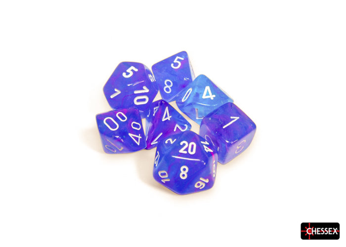 Chessex Nebula Aura/White Luminary polyhedral 7-dice set featuring vibrant blue and purple colors with white numbering.