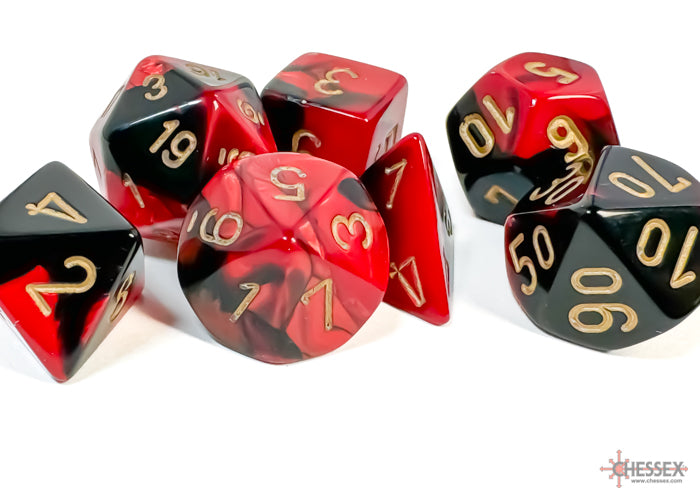 Chessex Gemini Black-Red/Gold Polyhedral 7-Dice Set featuring marbled black and red dice with gold numbering.