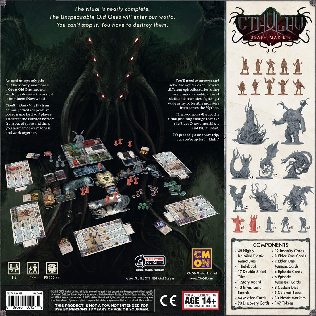 Cthulhu: Death May Die board game box back featuring game components, artwork, and character miniatures.