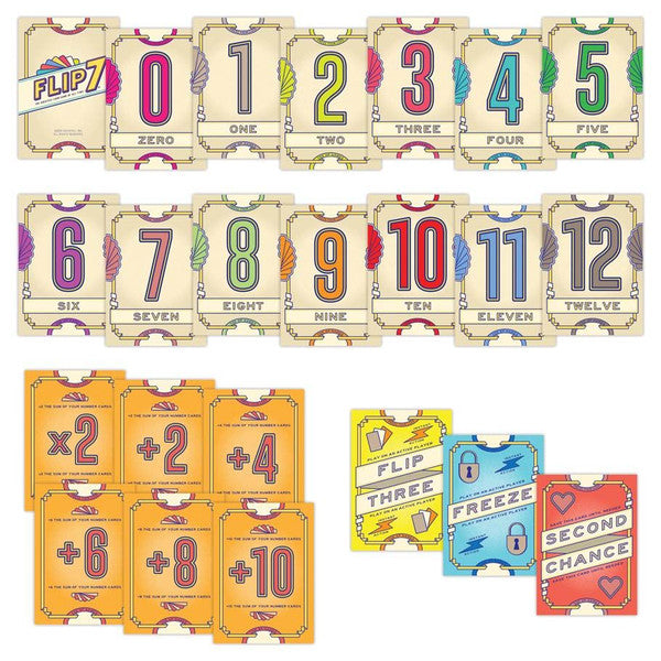 Colorful Flip 7 card game featuring numbered cards from zero to twelve and special action cards for gameplay.