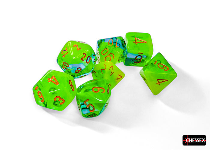 Chessex Gemini Plasma Green-Teal/Orange Luminary polyhedral 7-dice set featuring vibrant green and teal colors with orange numbers.