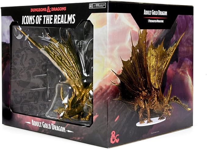 Premium Adult Gold Dragon figure from Dungeons & Dragons Icons of the Realms, featuring intricate detailing and dynamic pose.