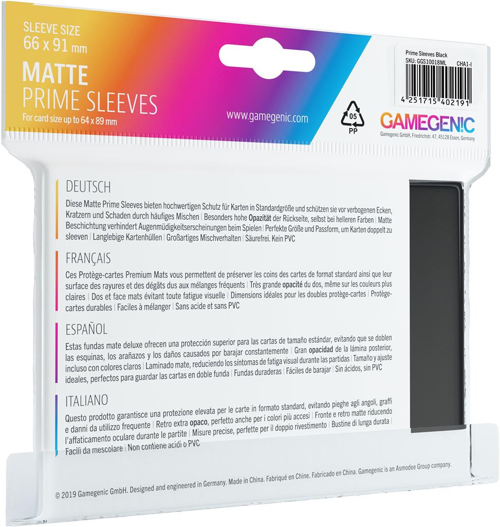 Gamegenic Matte Prime Sleeves in black, designed for cards up to 64 x 89 mm, packaged for protection and durability.
