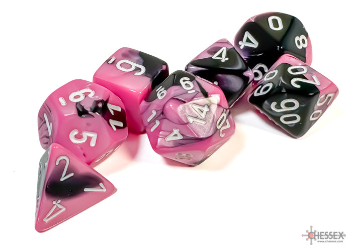 Chessex Gemini Black-Pink/White polyhedral 7-dice set featuring vibrant pink and black colors with white numbers.