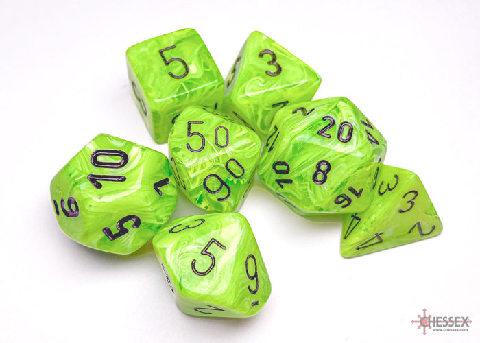 Bright green and black polyhedral 7-dice set featuring large, clear numbers for tabletop gaming.