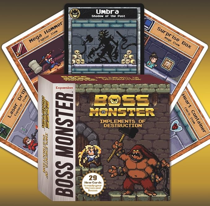 Boss Monster: Implements of Destruction Expansion box with new cards, featuring artwork of characters and items from the game.