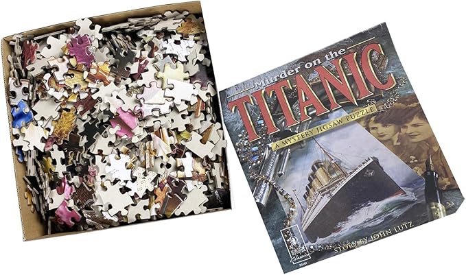 BePuzzled Murder on the Titanic 1000-piece jigsaw puzzle box with scattered puzzle pieces and cover art featuring the Titanic.