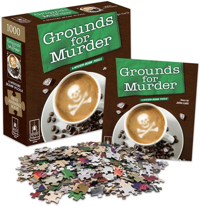 BePuzzled Grounds for Murder 1000 Piece Puzzle box and scattered pieces featuring a coffee cup with a skull design.