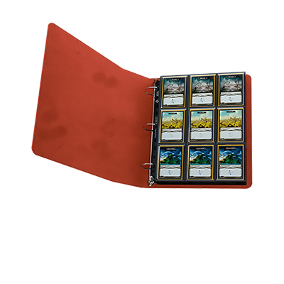 Red Gamegenic Prime Ring-Binder open, showcasing trading cards neatly organized in protective sleeves.