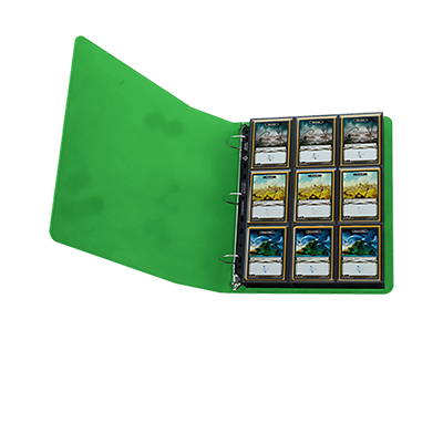 Gamegenic Prime Ring-Binder in green, open to display trading cards securely organized in protective sleeves.