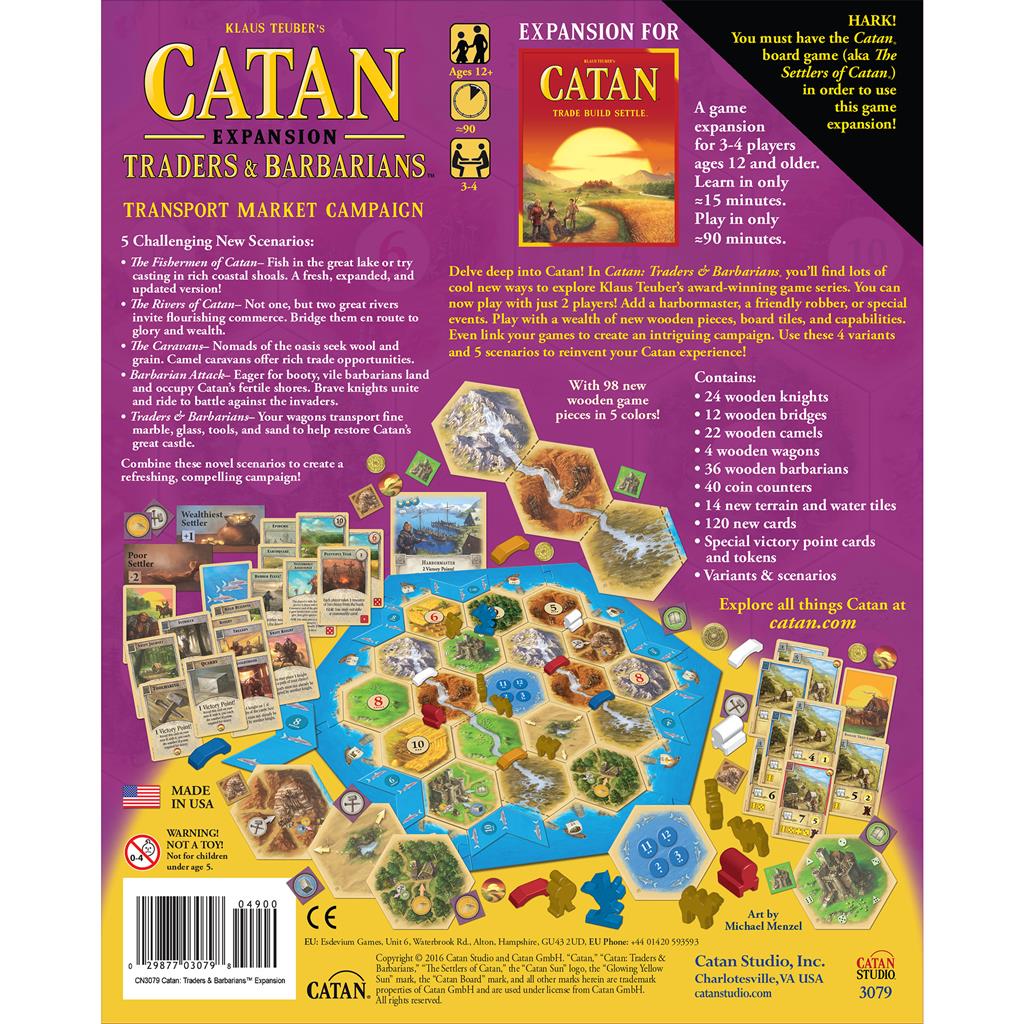 Catan Traders and Barbarians expansion box back, showcasing game components and scenarios for 3-4 players.