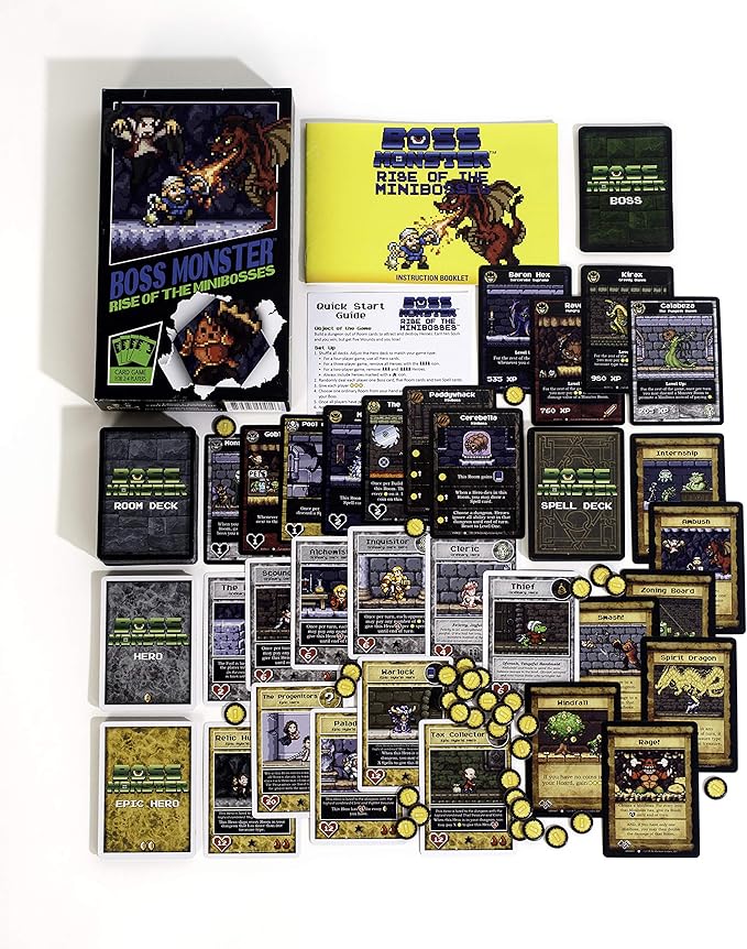 Boss Monster: Rise of the Minibosses game box with cards, tokens, and rule sheet spread out on a white background.