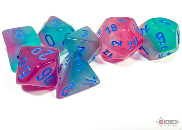 Chessex Gemini Gel Green-Pink/Blue Luminary polyhedral 7-dice set featuring vibrant colors and clear numbering.