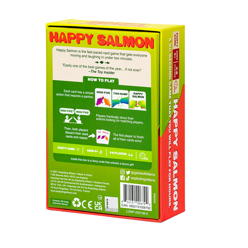 Colorful box of the Happy Salmon card game, featuring instructions and playful graphics, designed for 3 to 8 players aged 6 and up.