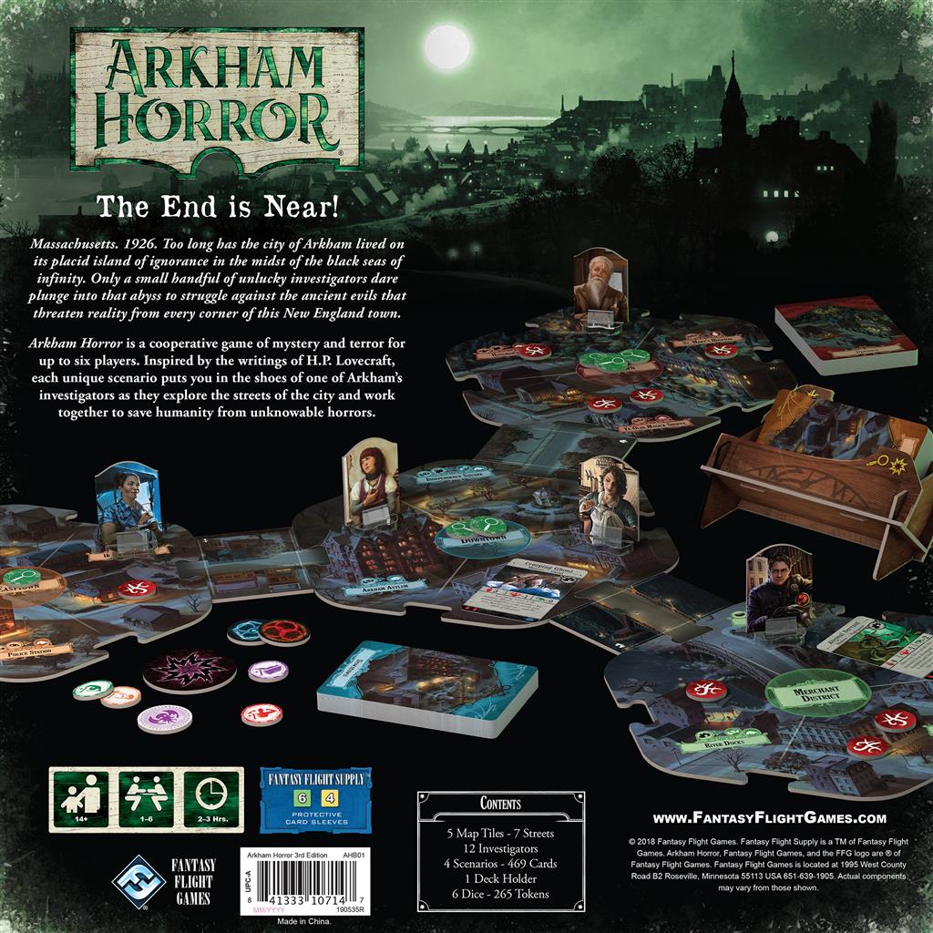 Back cover of Arkham Horror Third Edition board game, featuring game components, description, and artwork of a dark, mysterious cityscape.
