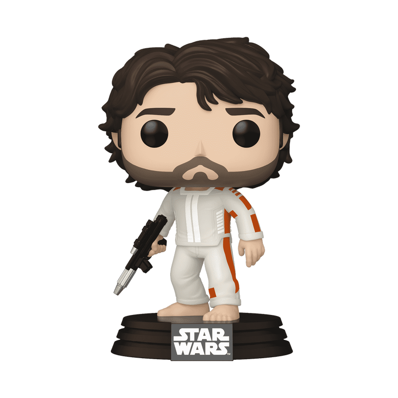 Funko Pop! Star Wars Cassian Andor figure holding a blaster, wearing a white outfit with orange accents.