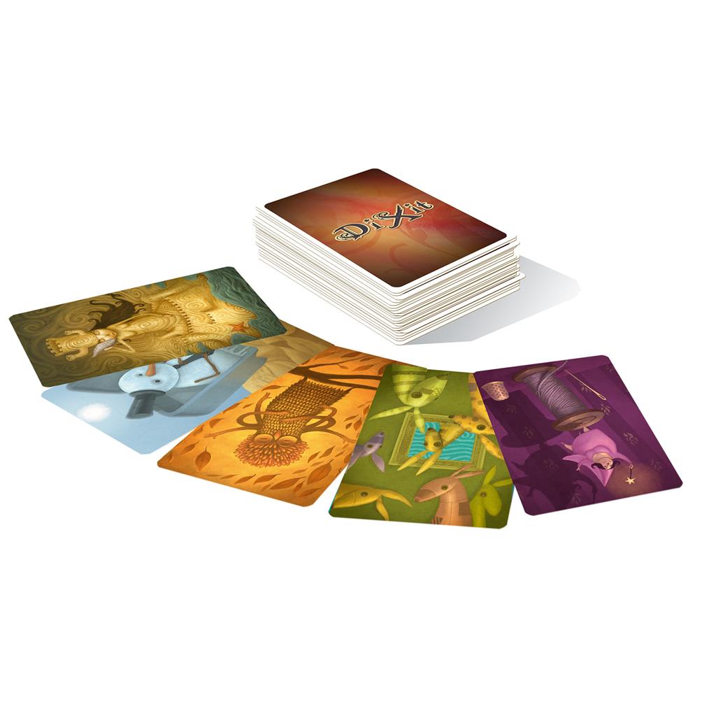Dixit: Daydreams Expansion features a stack of cards with vibrant, imaginative artwork, showcasing various whimsical scenes.