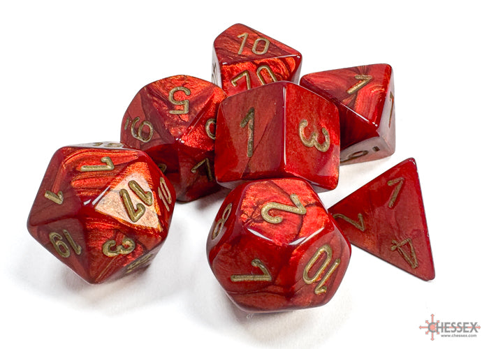 Chessex Scarab Scarlet/Gold polyhedral 7-dice set featuring vibrant red dice with gold numbering.