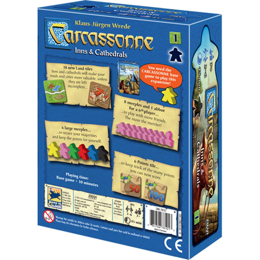 Carcassonne Expansion 1: Inns and Cathedrals box featuring game components and details about gameplay and scoring.