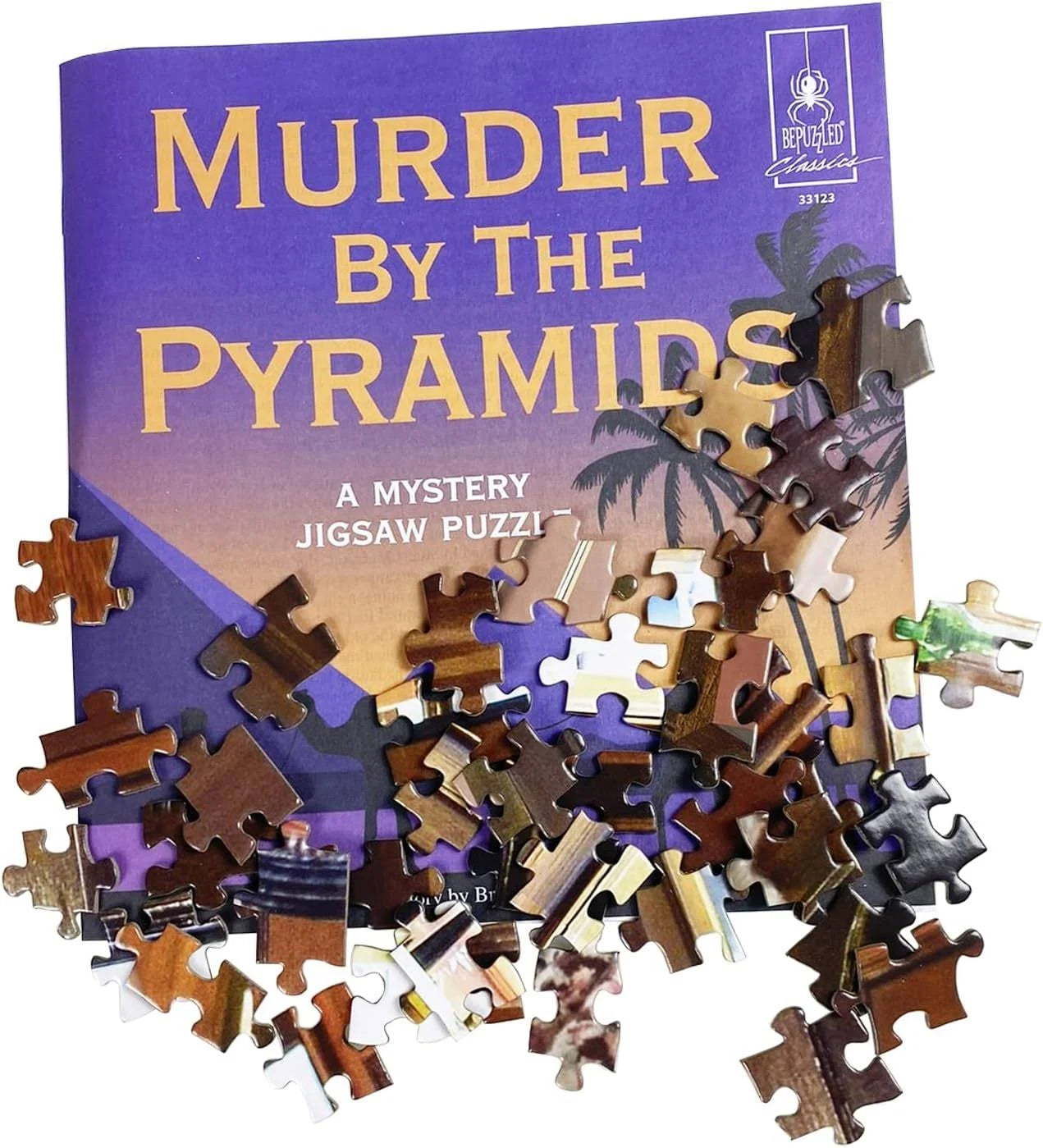 Mystery jigsaw puzzle box titled "Murder by the Pyramids" with scattered puzzle pieces showcasing various images.