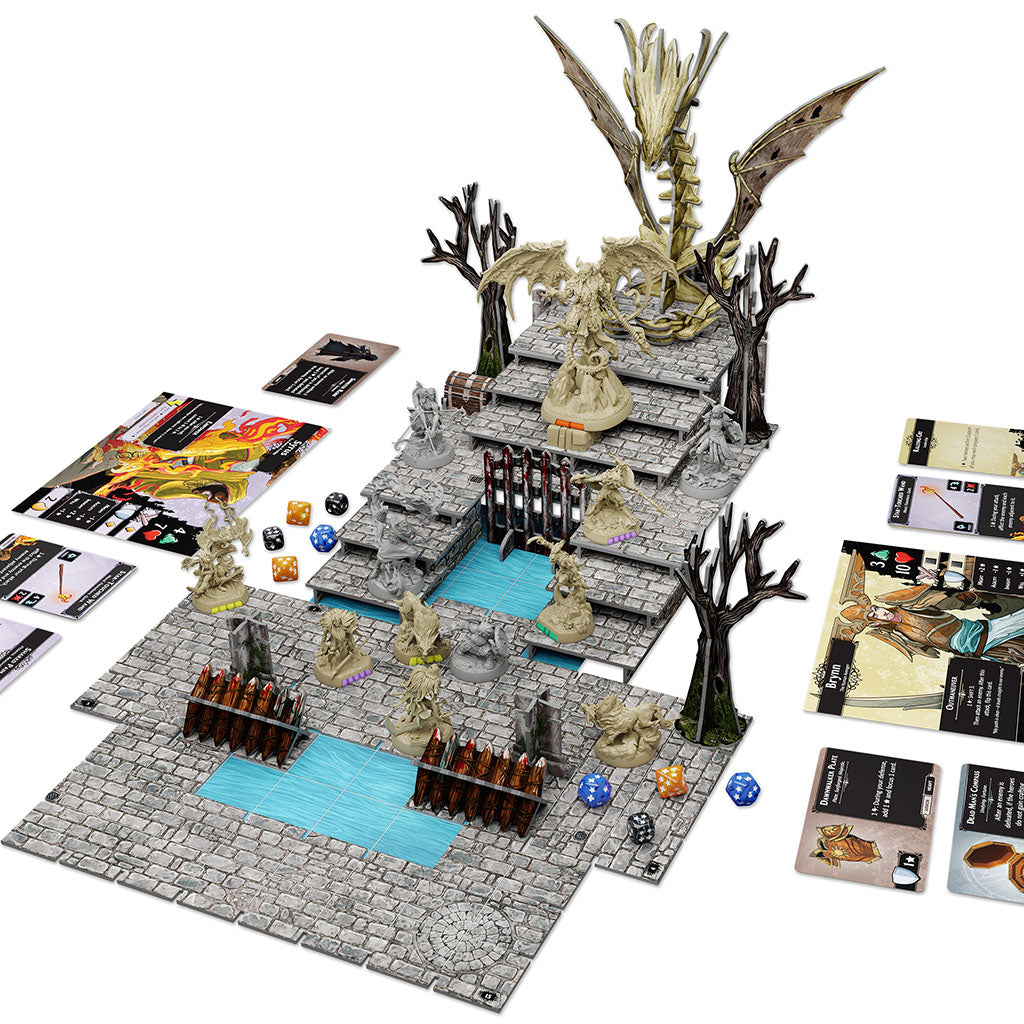 Descent: Legends of the Dark game setup featuring miniatures, cards, dice, and a detailed game board with a fantasy theme.