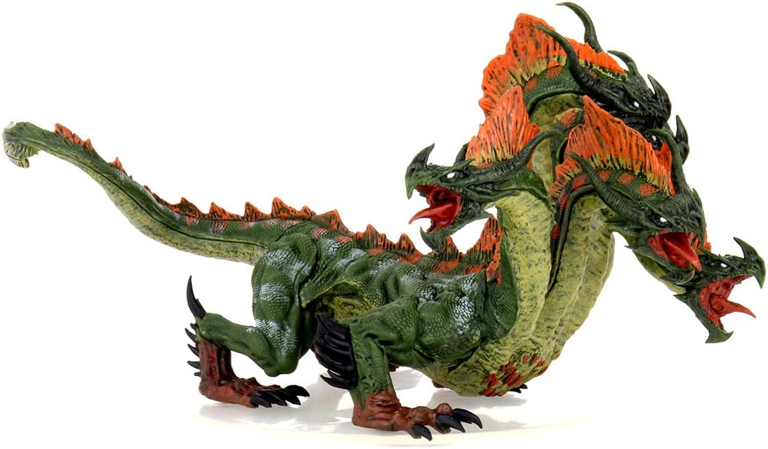 Three-headed dragon miniature from Dungeons & Dragons, featuring vibrant green scales and fiery orange details.