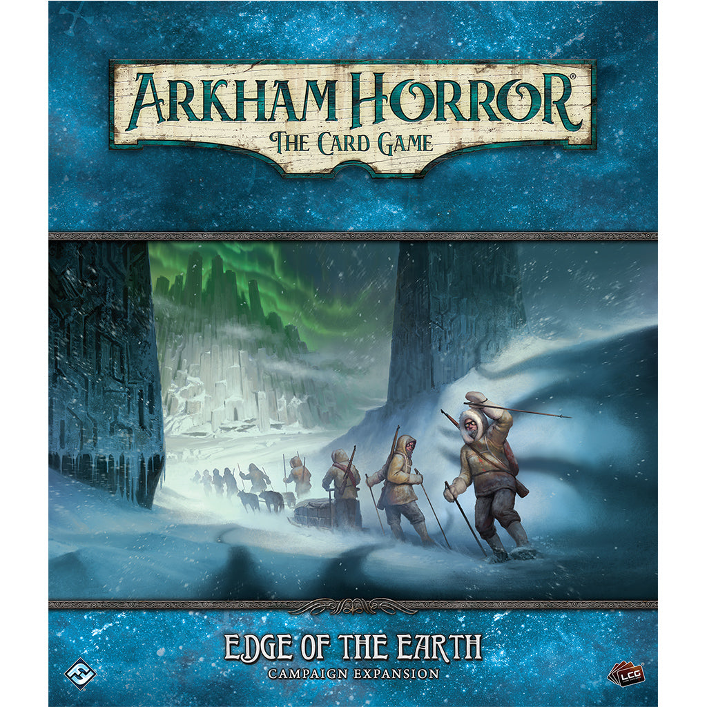 Arkham Horror LCG Edge of the Earth Campaign Expansion box art featuring adventurers in a snowy landscape with icy cliffs.