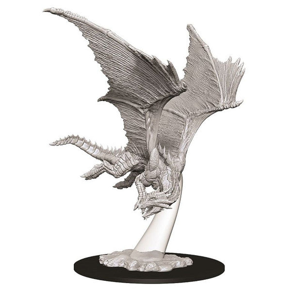 Unpainted miniature of a young bronze dragon from Dungeons & Dragons Nolzur's Marvelous Minis, featuring detailed wings and scales.
