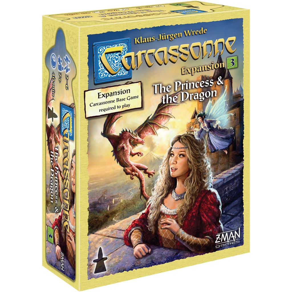 Carcassonne Expansion 3: The Princess and the Dragon box featuring artwork of a princess and a dragon, with game components visible.