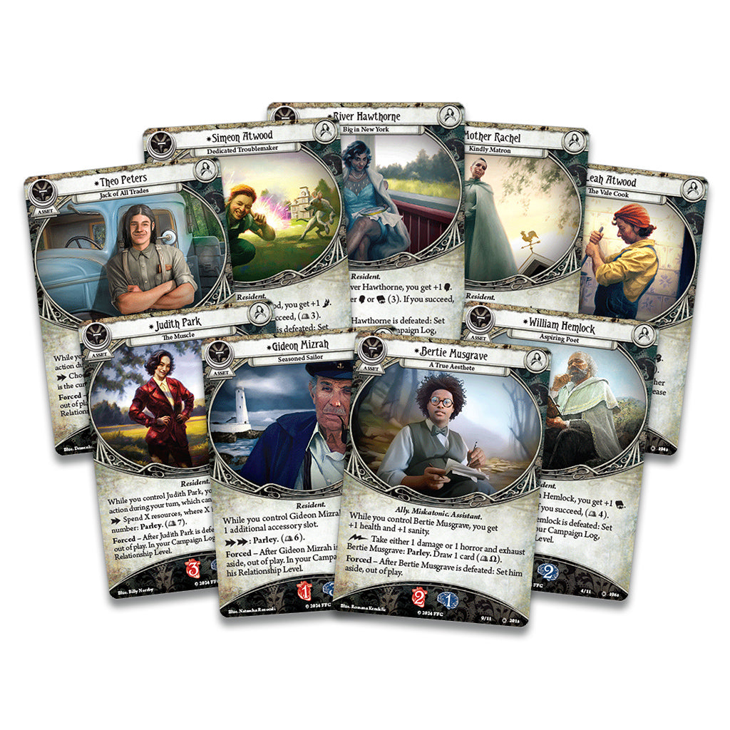Arkham Horror LCG The Feast of Hemlock Vale campaign expansion cards featuring characters and artwork for gameplay.