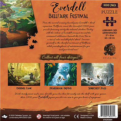 Everdell Bellfaire Festival puzzle box featuring vibrant artwork of a festival scene in a whimsical forest setting.