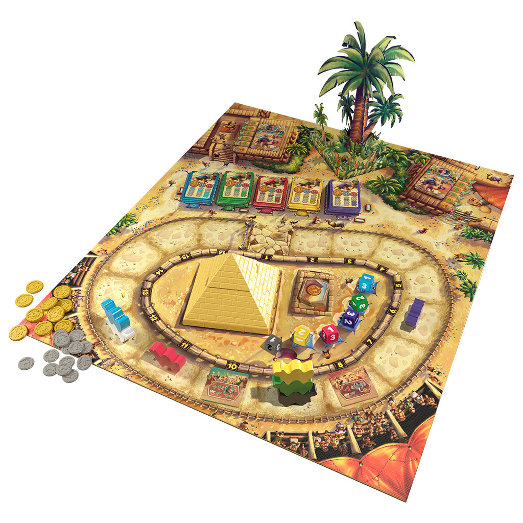Colorful board game Camel Up featuring a desert racetrack, pyramids, camels, and game pieces with coins on the side.