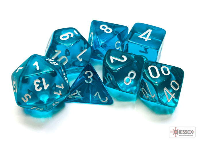 Translucent teal and white polyhedral 7-dice set by Chessex, featuring various shapes and numbers for tabletop gaming.