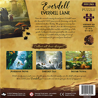 Everdell Lane 1000-piece puzzle featuring vibrant artwork from the Everdell game, showcasing enchanting scenes and characters.