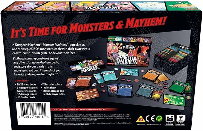 Box and game components of Dungeon Mayhem: Monster Madness, featuring colorful cards and game pieces for strategic play.