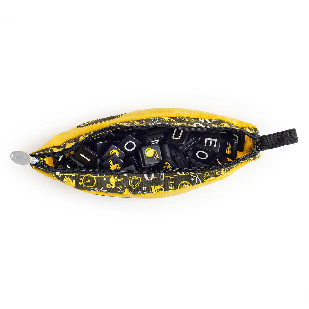 Bananagrams Party Edition game bag open, revealing black letter tiles inside a yellow and black patterned pouch.