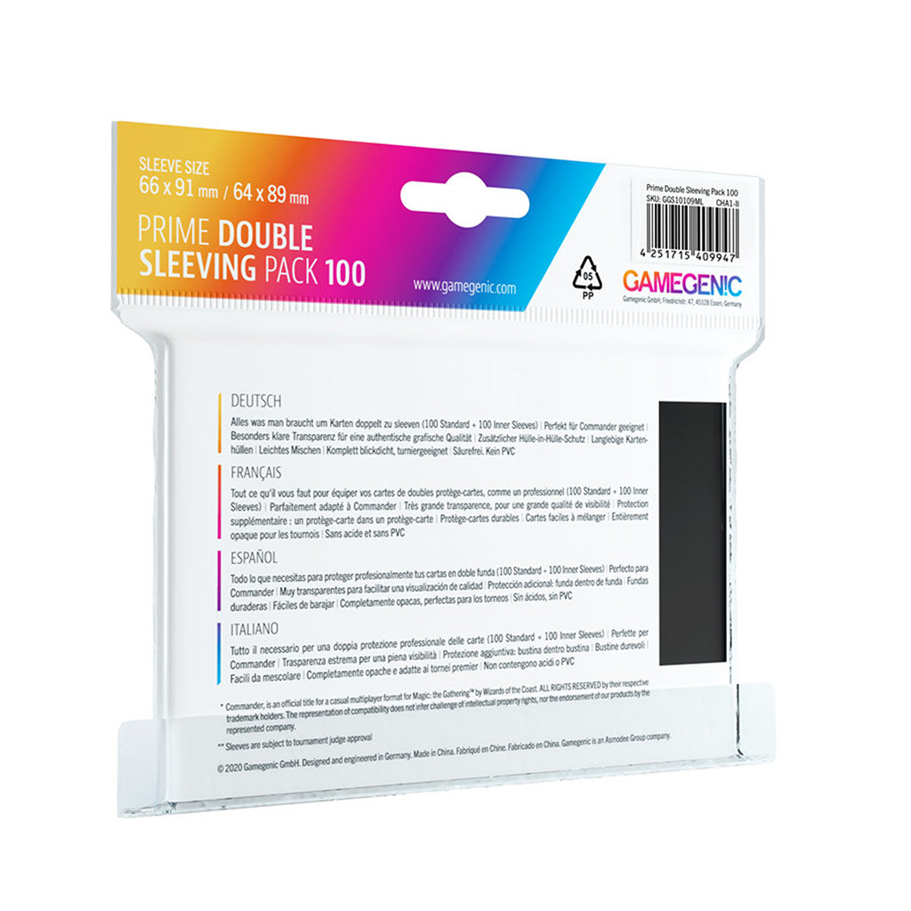 Gamegenic Prime Double Sleeving Pack contains 100 protective sleeves for cards, measuring 66 x 91 mm, ideal for collectors.