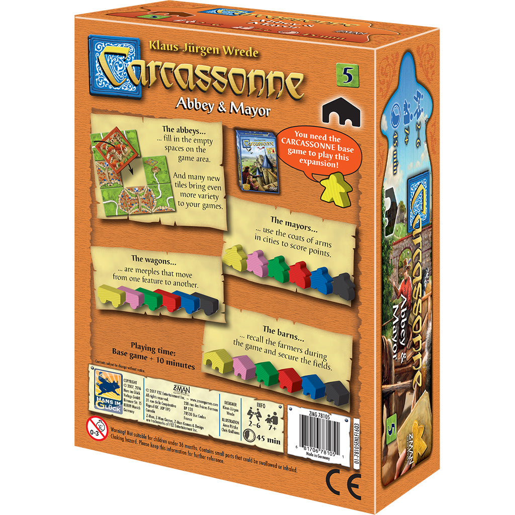 Carcassonne Expansion 5: Abbey and Mayor box featuring game components, rules, and playtime details for strategy enthusiasts.
